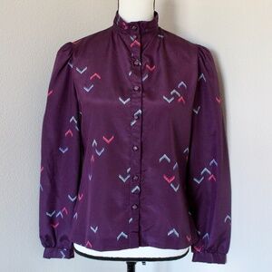 Vintage Deep Purple High-Neckline Puff Sleeve Button Down Shirt